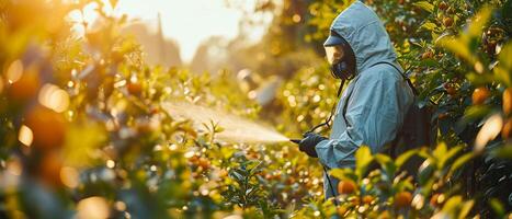 ai generado un agricultor, revestido en protector ropa y empuñando avanzado pulverización equipo, aplica Respetuoso del medio ambiente pesticidas, salvaguardar ambos cultivos y naturaleza foto