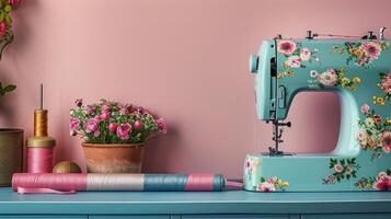 Sewing Machine on Blue Table photo