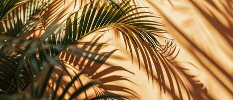 AI generated The interplay of light and shadow from tropical palm leaves creates an artistic pattern on a warm, textured wall photo