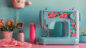 Sewing Machine on Blue Table photo