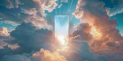 AI generated An image capturing clouds with a beam of light emanating from a mystical-looking doorway suspended in the sky photo