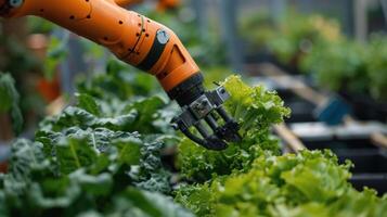 robótico mano cosecha lechuga en jardín foto