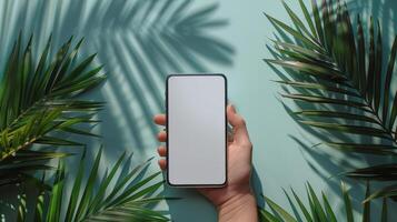 Cell Phone on Table With Palm Leaves photo