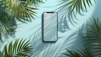 Cell Phone on Table With Palm Leaves photo