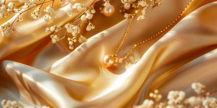 AI generated This photo showcases a close-up view of a gold cloth adorned with elegant pearls, creating a luxurious and sophisticated look