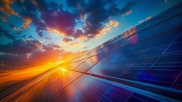 Sun Setting Over Field of Solar Panels photo