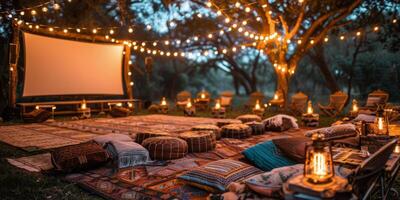 Movie Screen Surrounded by Candles in Grass photo