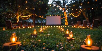 Movie Screen Surrounded by Candles in Grass photo