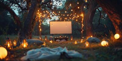 Movie Screen Surrounded by Candles in Grass photo