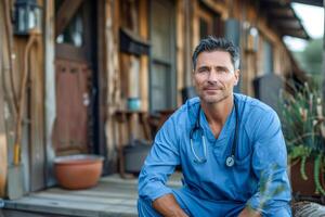 AI generated Confident and experienced male doctor in blue scrubs with a stethoscope, posing thoughtfully outside a rustic building photo