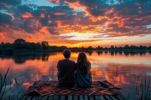 AI generated A couple sits closely on a dock, wrapped in a blanket, watching a stunning sunset with vivid clouds reflected on the water photo