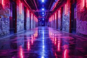 AI generated An atmospheric corridor with brick walls and vibrant neon lights creating a dramatic and stylish urban ambiance photo