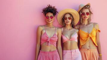 Tres mujer en pareo trajes en pie siguiente a rosado pared foto