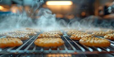 AI generated Delicious cookies with steam rising, indicating they are both from the oven. photo