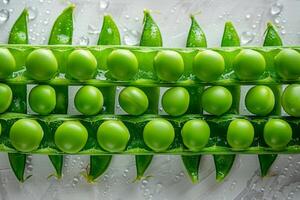 AI generated Fresh green peas in a pod arranged neatly in a row, with water droplets on a white rustic background photo