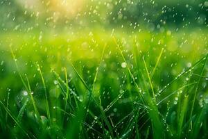 AI generated Lush green blades of grass covered in sparkling raindrops, with a blurred background photo