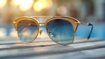 Sunglasses Resting on Wooden Bench photo