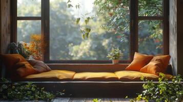 Window Seat With Pillows and Potted Plant photo