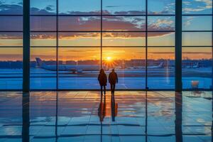 ai generado silueta cifras de un Pareja estar en un aeropuerto Terminal, acecho el puesta de sol terminado aviones foto