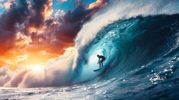 hombre montando ola en tabla de surf foto