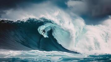 Man Riding Wave on Surfboard photo