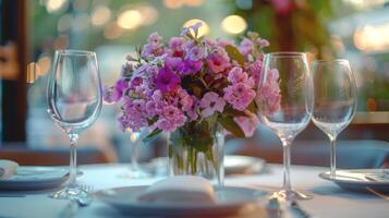 mesa con florero de flores y vino lentes foto