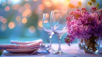 Table With Vase of Purple Flowers photo