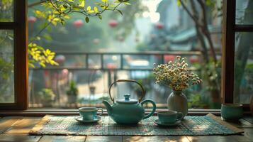 Tea Pot and Two Cups on Table photo