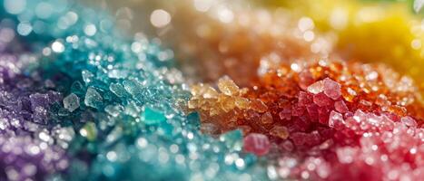 ai generado un de cerca ver de delicado escarcha cristales con un vibrante bokeh fondo, exhibiendo el intrincado detalles de hielo formación foto