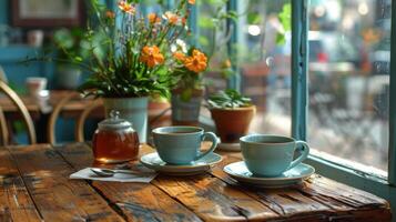 dos tazas de té en de madera mesa foto