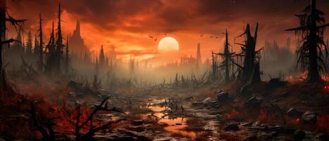 AI generated A dramatic, dystopian landscape at sunset, featuring silhouettes of destroyed trees and ruins with a large moon rising in the background photo