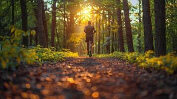 ai generado hombre corriendo abajo sendero en bosque foto