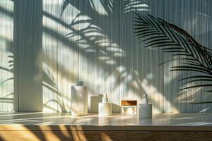 AI generated An artistic display of skincare products on a clean wooden surface, with the gentle play of palm tree shadows casting an elegant pattern photo