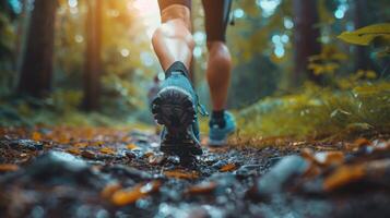 ai generado hombre corriendo abajo sendero en bosque foto