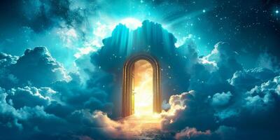 AI generated This image captures a surreal scene of a doorway floating amidst fluffy clouds in the sky, creating a mysterious and enchanting sight photo