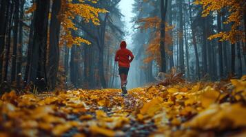 ai generado hombre corriendo abajo sendero en bosque foto