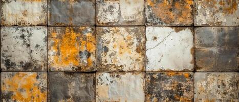 AI generated A full-frame image showcasing a variety of rusty, weathered tiles, each with unique patterns of decay photo