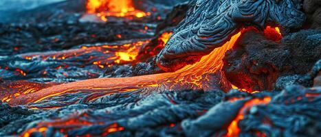 ai generado sumergirse tú mismo en el impresionante espectáculo de de la naturaleza furia como ardiente lava fluye desde el lo más hondo de el tierra foto