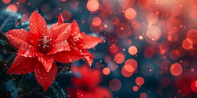 ai generado un rojo flor de pascua con gotas de rocío en contra un antecedentes de soñador bokeh luces, simbolizando fiesta animar y natural belleza foto