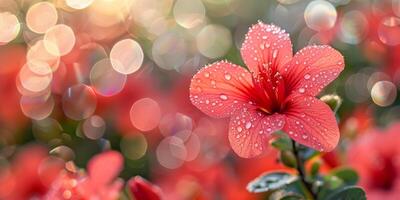 AI generated This red hibiscus bloom, kissed by dew, casts a soft glow against the glistening bokeh effect of warm lights photo