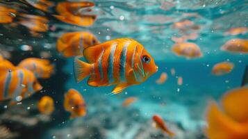 ai generado grande grupo de pescado nadando en el Oceano foto