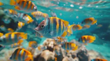 ai generado grande grupo de pescado nadando en el Oceano foto