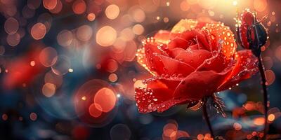 AI generated A red rose adorned with dew drops shines against a mesmerizing background of soft light circles photo