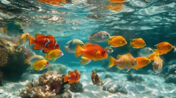 ai generado grande grupo de pescado nadando en el Oceano foto