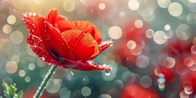 AI generated A striking poppy, jeweled with dew, basks in the soft light, surrounded by a dreamy bokeh effect that sparkles like tiny stars photo