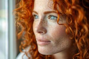 AI generated Woman with curly red hair and freckles looking out of a window, with natural light casting a warm glow on her face photo