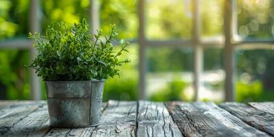 AI generated Weathered white wood table surface with a blurred background highlighting a metal pot with a greenhouse plant by a bright window photo