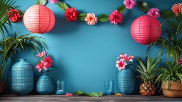 AI generated Potted Plants Next to Blue Wall photo