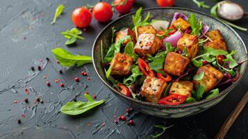 AI generated Bowl of Tofu and Vegetables on Table photo
