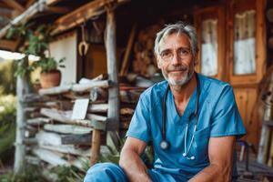 ai generado confidente y experimentado masculino médico en azul matorrales con un estetoscopio, posando pensativamente fuera de un rústico edificio foto